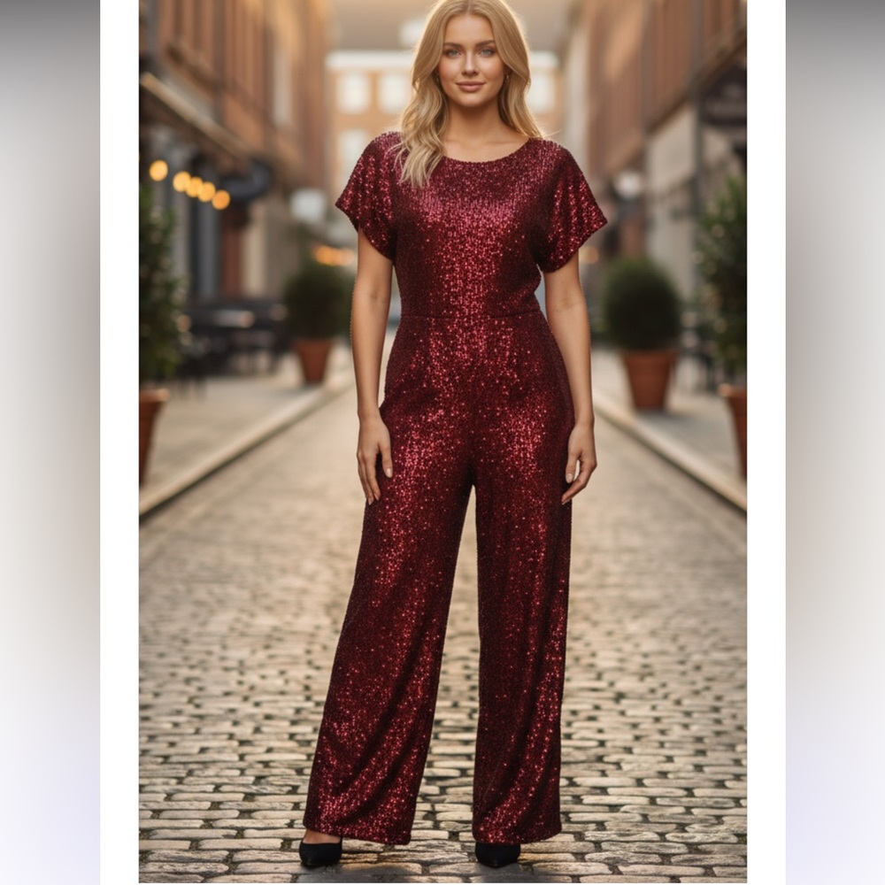 NWT  MAGGY LONDON amber sequin jumpsuit in burgundy